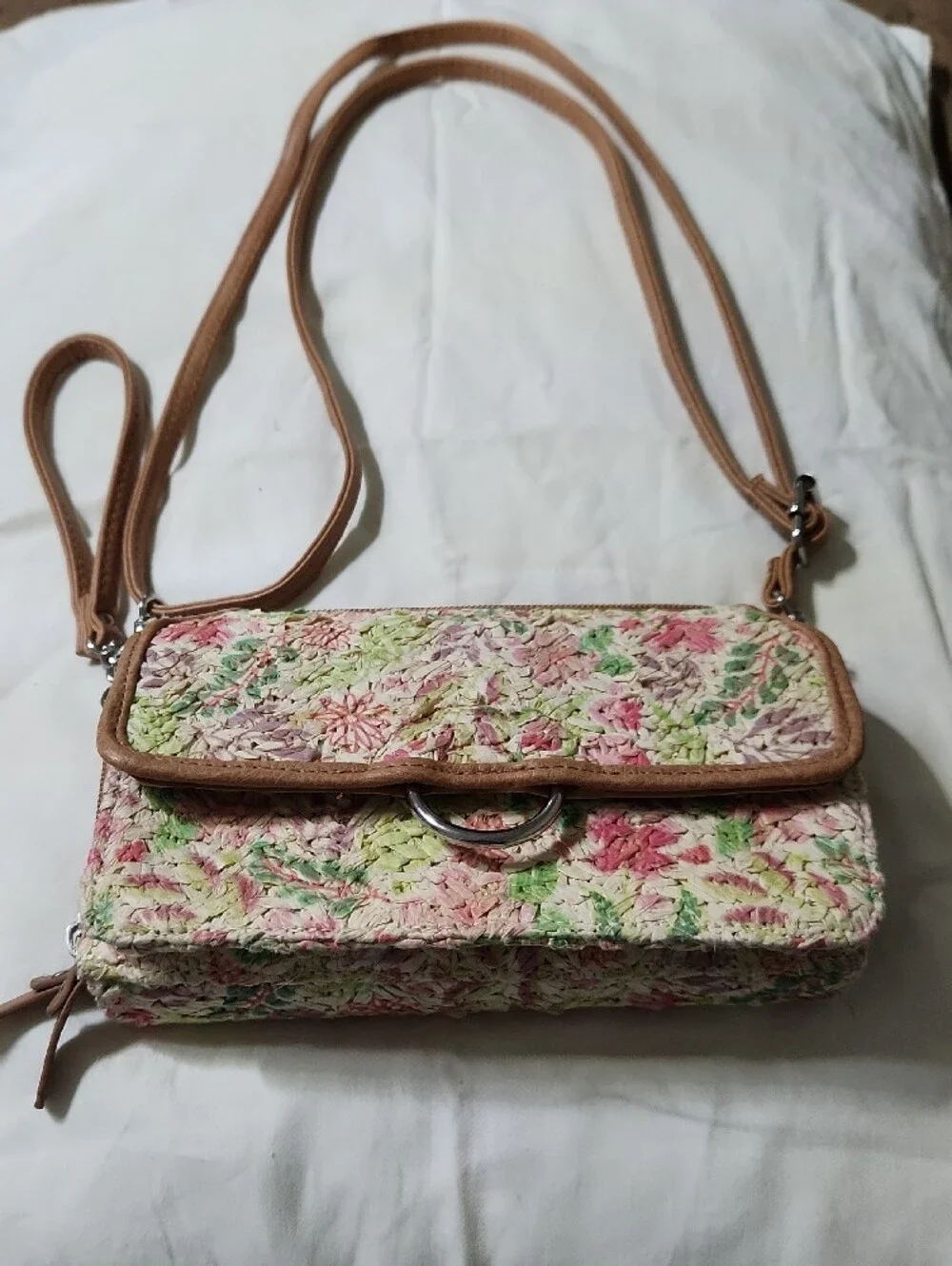Bueno Floral Embroidered Crossbody in Pink, Green & Tan